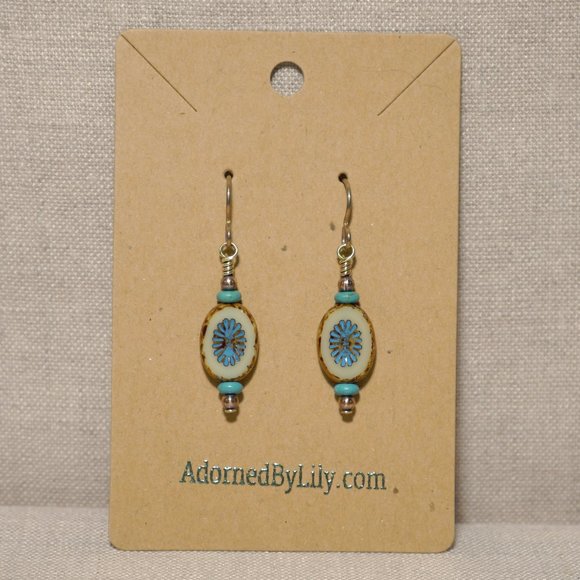 Hand Crafted Handmade Earrings Oval Cream & Blue Czech Glass Petite Earr… - Picture 2 of 5